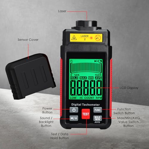 Digital Tachometer RPM Meter with LCD Display, Non-Contact and Contact Rotation Speed Tester, Handheld Motor Speed Gauge for Automotive, HVAC, Industrial Equipment