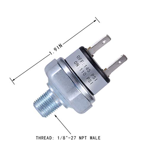 Air Pressure Switch 110-145 PSI, 1/8"-27 NPT, DC 24V/12V, Silver, Automatic