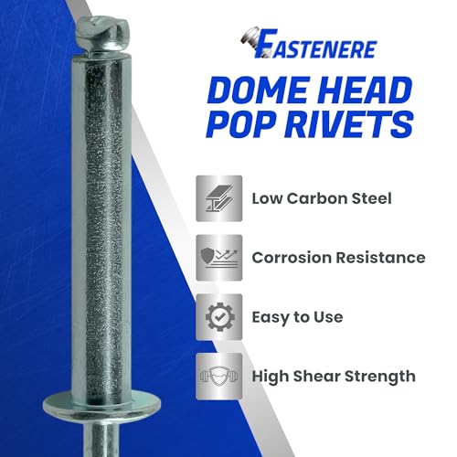 Fastenere Pop Rivets - 1/4" x 1" (25 pcs) Heavy Duty, Open-End, Low Carbon Steel, Dome-Head Blind Rivets, Corrosion-Resistant & High Shear Strength, 8-16 Gap 0.876"-1.00" 1/4" x 1" (8-16) (25 Pack)