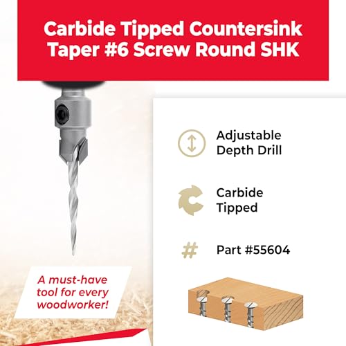 Amana Tool Carbide Tipped 82 Degree Countersink Tapered Drill Bit, 55604, 6 Screw, 3/8 Dia x 9/64 Drill Dia x 5/16 Round Shank
