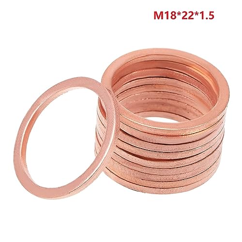 M18 Flat Washer Copper Sealing Ring, 18mm ID 22mm OD 1.5mm Thickness Metric Sealing Gasket, 50 Pieces