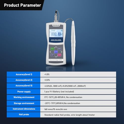 GOYOJO Digital Gauss Meter (2400mT/24000Gs), High Accuracy Magnetic Field Tester for DC Magnet Measurement, Permanent Magnets, Motors, Speakers, and Industrial Applications, ±5% Accuracy White 5% Accuracy