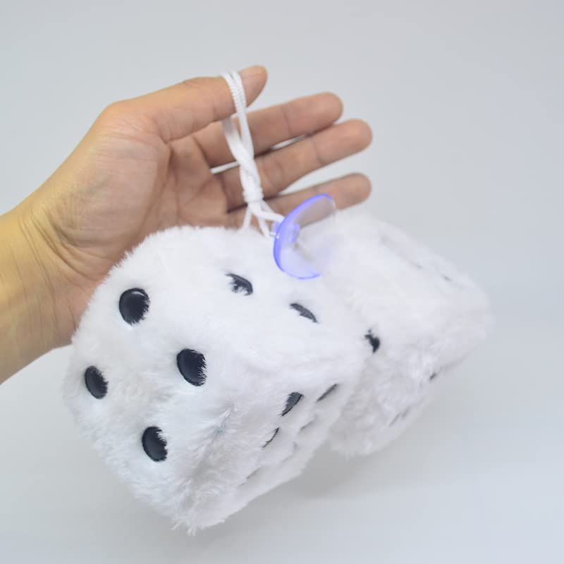 Fuzzy Plush Dice for Car Mirror, Pair of Retro 3” White Dice with Black Dots for Car Interior Hanging Ornament Decoration