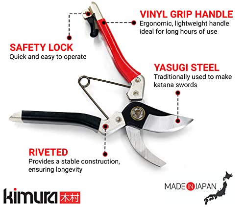 Kimura® 8" Samurai Garden Pruning Shears, [Made in Japan], Heavy Duty Premium Japanese Yasugi Steel Blades, Non-Slip Vinyl Coated Handles, Ergonomic, Japanese Bypass Pruning Shears