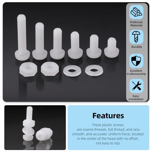 Glarks 360pcs M3 x 4/5/6/8/10/12MM Nylon Phillips Pan Head Screws Nut Washer Kit, White Nylon Phillips Cross Round Head Machine Screw for Various Industrial Fastening Applications