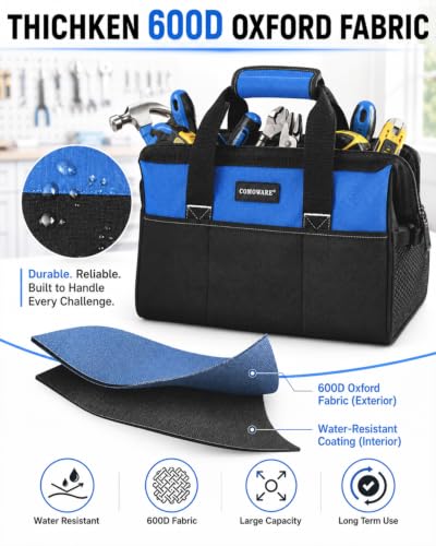 COMOWARE 13-Inch Tool Bag, Zip-top Wide Mouth Open top Tool Bag, Large Capacity Tool Organizer with Inside Pockets, Blue Tool Tote Bag for Carpenter, Mechanic and Home Repair
