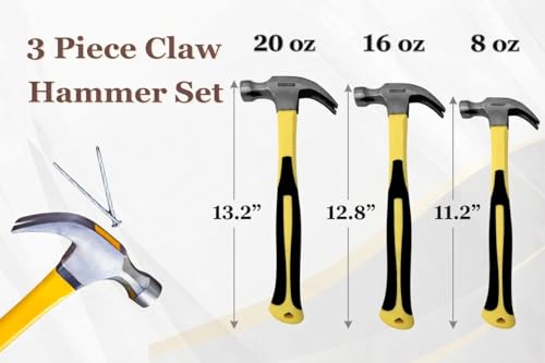 3 Piece Claw Hammer Set (20 oz, 16 oz, 8 oz) – Fiberglass Handle, Anti-Slip Grip, Polished Steel Head – Framing, Carpentry & Home Improvement Tools 3 8 oz, 16 oz, 20 oz