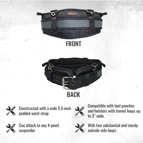 WOLF WTH2110 Heavy-Duty Ballistic Padded Tool Work Belt | Compatible w/Pouches, Holsters & 4-Point Suspenders | Body Waist Comfort Lightweight Breathable | Contractors Handyman | Tongue Buckle X-Large