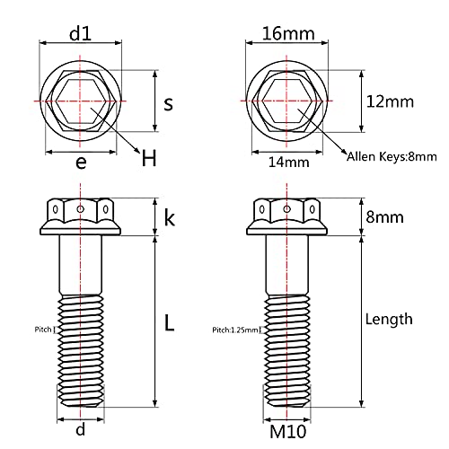 Titanium Flange Bolt M10 (M10x45mm Pitch 1.25mm, Silver) M10x45mm Pitch 1.25mm