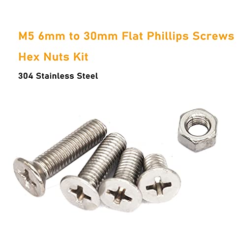 230pcs M5-0.8 x 6mm/8mm/10mm/12mm/16mm/20mm/25mm/30mm Flat Countersunk Head Phillips Screws with M5 Hex Nuts Kit, 304 Stainless Steel / A2-70/18-8, Full Thread, Plain Finish