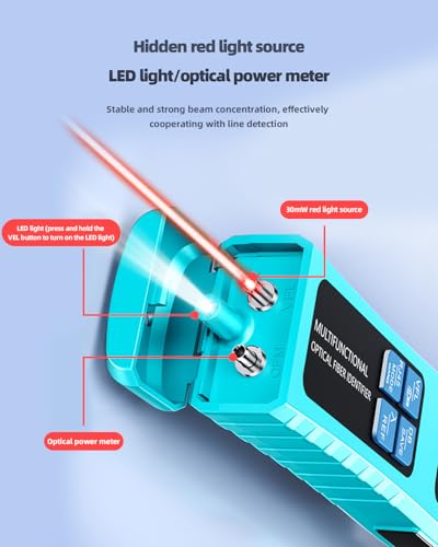 Fiber Optic Identifier with Power Meter Red Light Source, 5-in-1 All-in-One Tool for Single - Multi-Mode, Rechargeable Fiber Direction Tester with Clamp, Measuring Range -70-10dBm