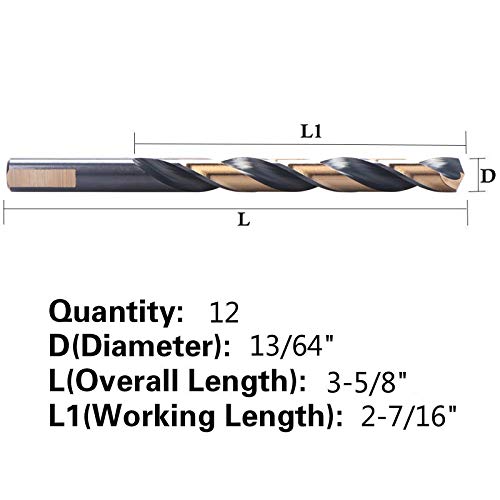 12 PCS, 13/64", Black and Gold Coated Twist Drill Bits (Pack of 2) 13/64 in (Pack of 2)