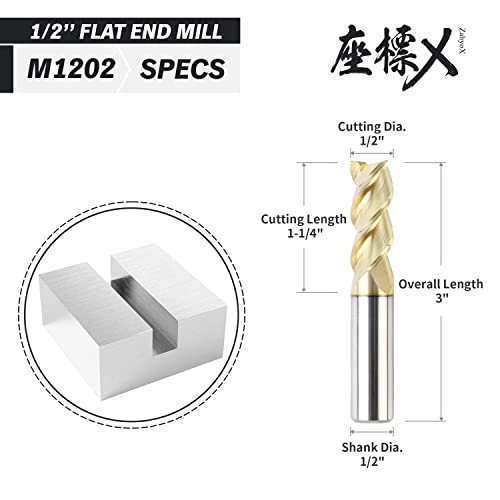ZahyoX 3 Flutes ZrN Coated Square Nose End Mill for Aluminum, Solid Carbide Upcut Spiral CNC Router Bit, 1/2" Diameter, 1/2" Shank, 1-1/4 Cutting Length, 3" Overall Length, CNC Cutter Milling Tool 1/2"CD