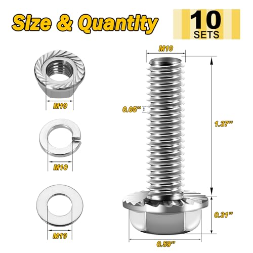 M10 x 35mm (10 Sets) M10x1.5 Bolt Flanged Hex Head Nuts and Bolts, Flange Hexagon Screws with Nuts and Washers, M10 Screw 304 Stainless Steel 18-8 Metric Bolt Assortment, DIN 6921 By Mywish Silver-M10