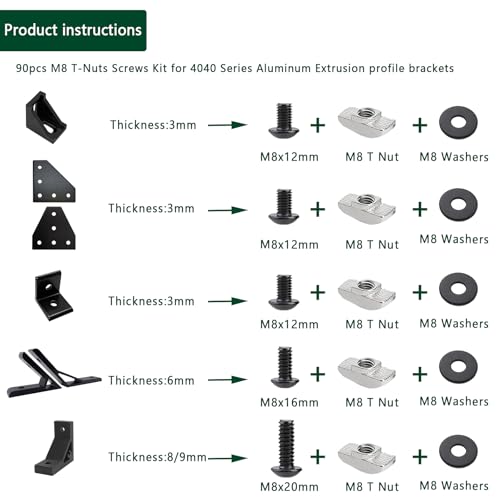 80 pcs M8 T Nut Screws Kit for 4040 4080 Aluminum Extrusion, 26 pcs Black M8x12/16/20mm Hexagon Socket Carbon Steel Screws and 26 pcs M8 Drop in T-Nuts, 28 Washers with Hex Wrench 80pcs 40 Series Screws Kit Black