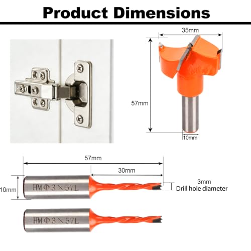 ADWAN 3 Pcs Hinge Boring Drill Bit Set, 1-3/8" RH & 1/8" LH, 10mm Shank 3mm/35mmx57mm