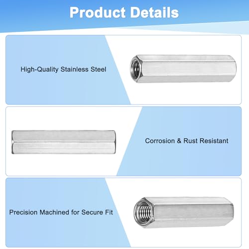 M METERXITY 4-Pack M10 x 1.5-Pitch Hex Coupling Nuts, 60mm Length 304 Stainless Steel Fully Threaded Rod Coupling Nut for Machine/Industrial, Studding Connector Fasteners[Silver Tone] M10-1.5 x 60mm