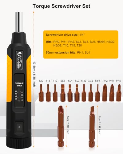 Uharbour 10-80 in.lb Torque Screwdriver Set, 1/4" Bit Adapter
