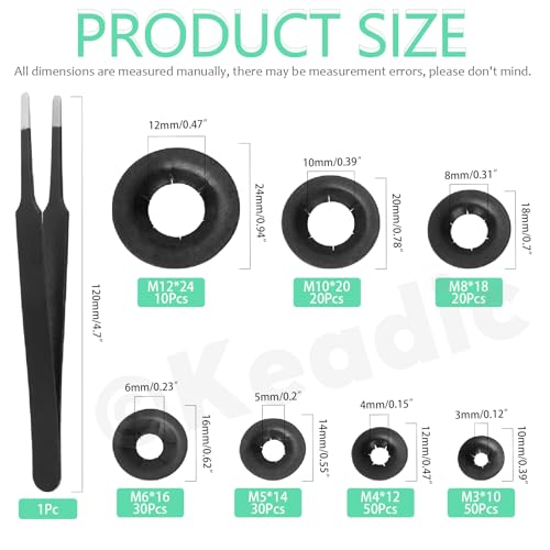 Keadic 211Pcs Dolly Wheel Lock Washers, 65Mn Steel Push On Dolly Wheel Lock Washer, Push Nuts for Dolly Wheel Lock Washers Axle Push Nuts for Automotive M3 M4 M5 M6 M8 M10 M12 NO.3