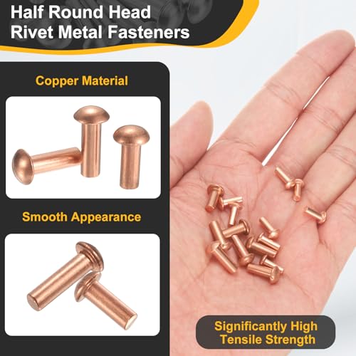 uxcell 150 Pcs Copper Solid Rivets, 0.16"x0.47" Half Round Head Rivet Metal Fasteners for Electrical Applications, Leather DIY Craft Supplies (M4x12) 0.16"x0.47"