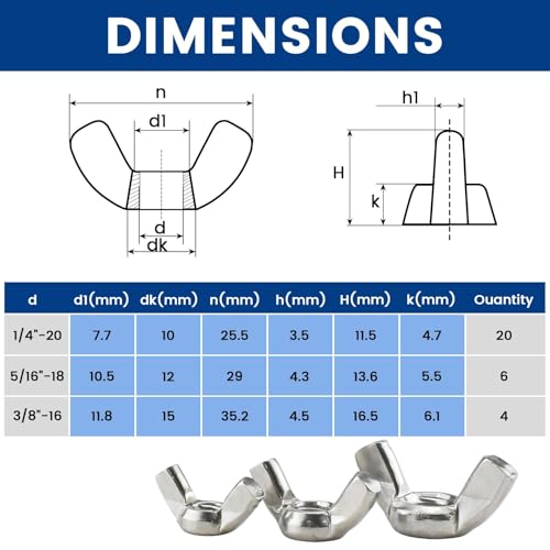 3 Sizes Wing Nuts Assorted Kit, 1/4"-20, 5/16"-18, 3/8"-16 Stainless Steel Butterfly Nut, Hand Twist Tighten Ear Wingnuts for Machinery Electronic Equipment DIY, Silver (30 Pcs) (Pack of 2) 3 Sizes -30pcs (Pack of 2)
