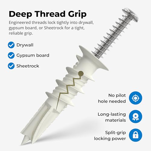 Qualihome Drywall Anchors with Screws – Self-Drilling Drywall Anchors, Anti-Spin Grip, No Pre-Drill Wall Anchor Kit, Strong & Reliable Hold, 100 Pack (200 Pieces) 100 Pack (200 Pieces)