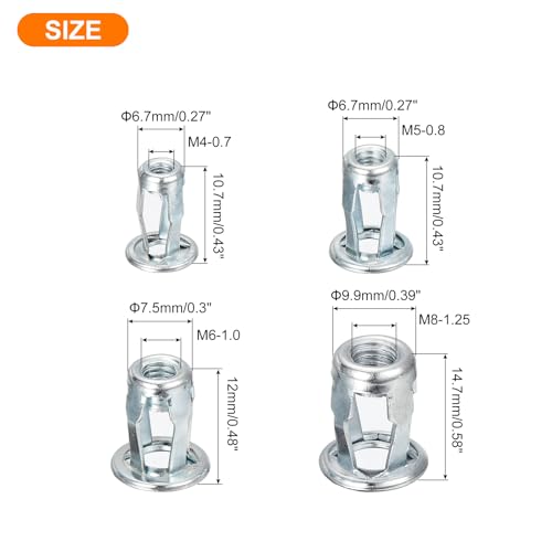 uxcell 60Pcs Multi-Grip Rivet Jack Nut, M4-0.7, M5-0.8, M6-1.0, M8-1.25 Petal Blind for Plastic Pressboard Hardboard Door Anchors Aluminium Cladding Steel Pipe 60