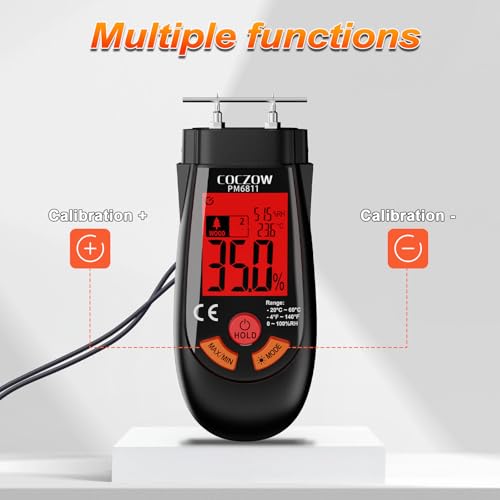 Wood Moisture Meter with Temperature and Humidity Measurement – Ideal for Quickly Measuring Moisture Content in logs, Paper, Plywood, Plaster Walls, Floor coverings, and Other Materials. Black Red