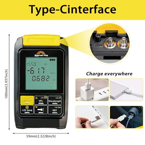 6 in 1 Fiber Optic Tester with Optical Power Meter,-50~+30dBm,VFL Function & RJ45 Cable Test, 850–1625nm Multi-Wavelength, Type-C Rechargeable, 500 Data Storage, Backlight Display, Handheld Tool Yellow