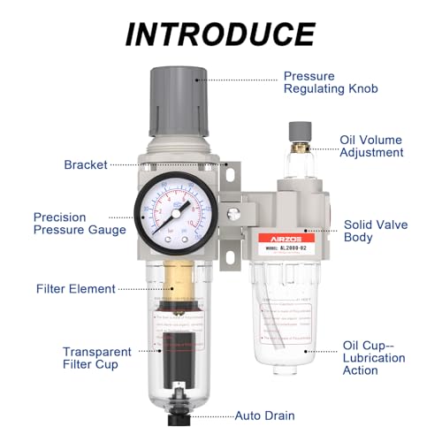 AIRZOE 1/4" NPT Air Filter Regulator Lubricator Combo AC2010-02D 1/4"NPT Auto Drain / White / Metal Coupler