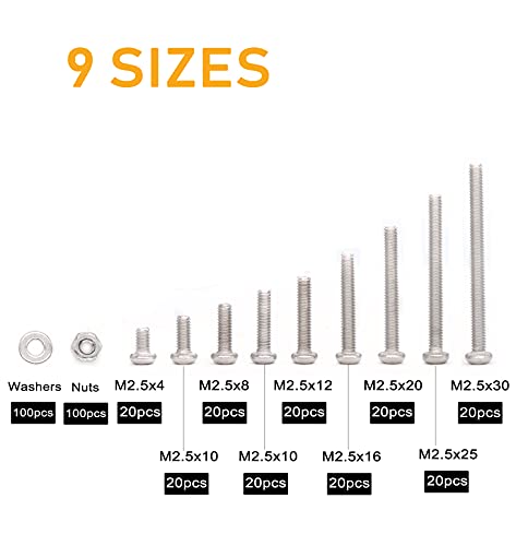 430PCS M2.5 Pan Phillips Screws and M2.5 Hex Nuts/Flat Washers Assortment Kit, 304 Stainless Steel, 4mm / 6mm/ 8mm/ 10mm/ 12mm/ 16mm/ 20mm/ 25mm/ 30mm