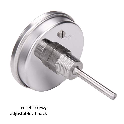 Measureman Fully Stainless Steel Bimetal Dial Thermometer, 3" Dial, 2-1/2" Stem, 50-500 deg F/10-260 deg C, -1% Accuracy, Adjustable, 1/2" NPT Back Mount