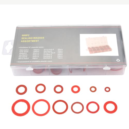 600Pcs Fiber Washers, 12 Sizes Insulated Fiber Washers Assortment, 0.8mm Thick Red Steel Paper Washer, Insulation Washer Assorted with Storage for Electrical Connections
