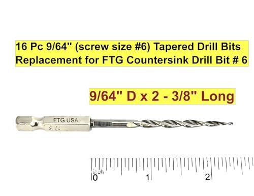 FTG USA 16 Pc #6 (9/64") Parabolic Flute Tapered Replacement Drill Bits, Case Same Sort 16 Pc