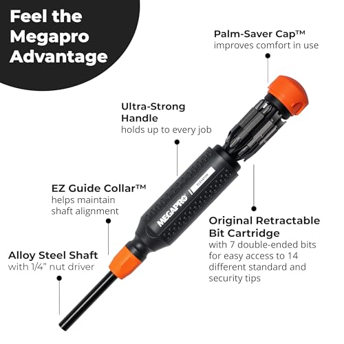 Megapro® Elevator Multi-Bit Screwdriver | Includes ¼” Hex Shaft |Phillips, Flat, Spanner, Torx Pin | Elevator Installation and Maintenance