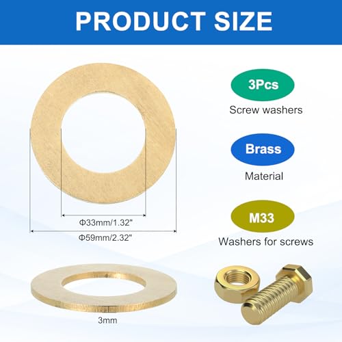 MECCANIXITY 3 Pack Brass Flat Washer, M33 Copper Washers Crush Washer Kit Assortment, 33mm ID, 59mm OD, 3mm Thick for Bolts Screws Machinery Repair, Outdoor Construction 2 5/16" OD x 1 5/16" ID x 3mm