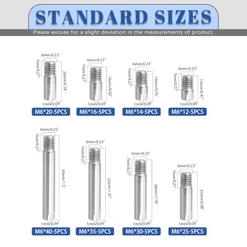 Glarks 40pcs M6 x 12/14/16/20/25/30/35/40mm Slotted Cylindrical Pin Kit, Stainless Steel Dowel Parallel Pins, External Thread Locating Pin, Locating Pin Screw for Furniture, Wooden Projects, Machinery