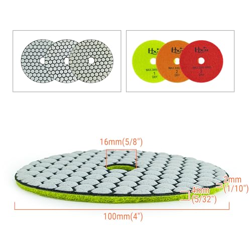 Diamond Polishing Pads 4inch 100mm 3-Steps PRO for Dry Buffing on Granite Marble Stone Concrete Tile Ceramic Floor Smoothing renovate Removing Marks with Nylon Backing (3pcs, Mixed Steps)