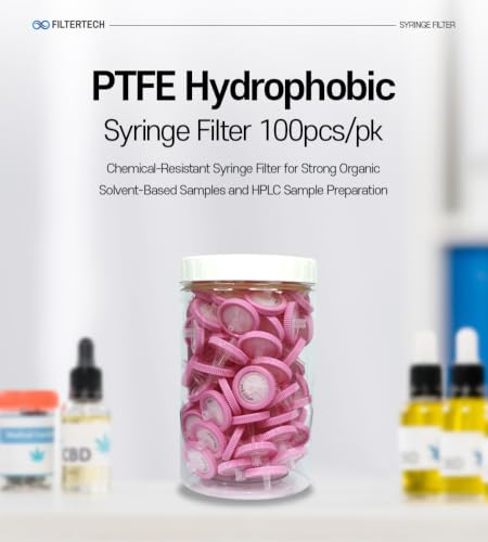 FilterTech 25mm PTFE Hydrophobic Syringe Filters, 0.22um, 100 Pack (PTFE Hydrophobic, 0.22um, 100 Pack)