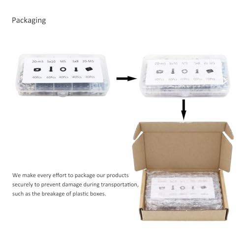 200Pcs 2020 Aluminum Extrusion M5 T Slot Nuts and Bolts Screws 20 Series Extruded Hardware Drop in T Nut Slide Nut M5x8 10mm for 20/20 80 20 2040 T V Slot Black Aluminum Profile Accessories 20 Series Type C