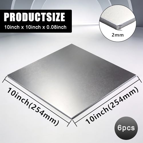 Aluminum Sheet Metal 6 PCS 10 x 10 Inch Thickness Metal Plate Covered with Protective Film, 1/16inch(2mm) Sheet Plate Flat Stock, Finely Polished and Deburred 10 x 10 x 1/16inch 4