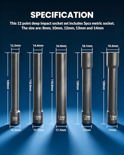 DPTOOL 5pcs 3/8in Drive Metric Extra Deep Socket Kit 12 Point
