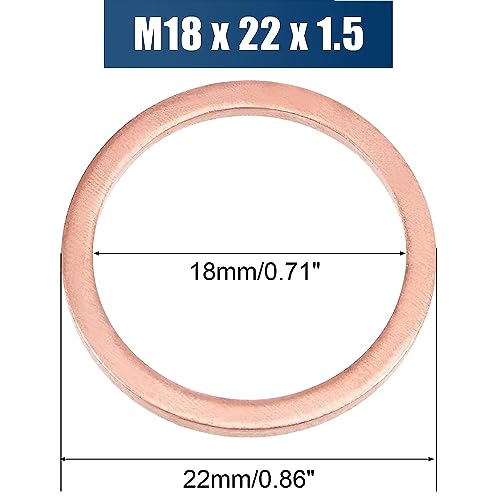 M18 Flat Washer Copper Sealing Ring, 18mm ID 22mm OD 1.5mm Thickness Metric Sealing Gasket, 50 Pieces