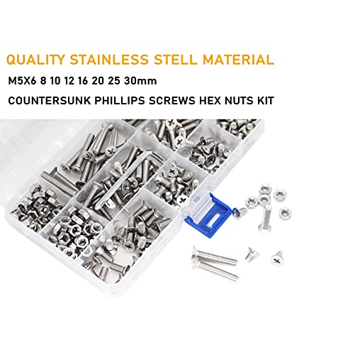230pcs M5-0.8 x 6mm/8mm/10mm/12mm/16mm/20mm/25mm/30mm Flat Countersunk Head Phillips Screws with M5 Hex Nuts Kit, 304 Stainless Steel / A2-70/18-8, Full Thread, Plain Finish