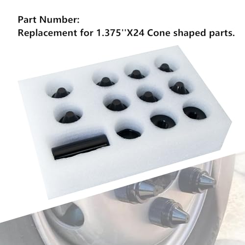 1.375'' x 24 Aluminum Alloy Black Cone Shaped Wheel Lug Nuts with Sealed End Cap Compatible with Kenworth Peterbilt Volvo Freightliner Mack International Trucks, Pack of 12