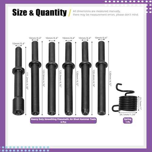 Swpeet 7Pcs Carbon Steel Heavy Duty Smoothing Pneumatic Air Rivet Hammer Tools Kit with Spring，Air Hammer Rivet Bit Set Tools Kit for Hollow Solid Half-Hollow Rivet
