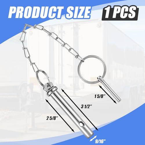 1 Pcs Trailer Drop Foot Jack Replacement Pin 9/16 Inch Diameter, 3-1/2 Inches Total Length, 2-5/8 Inches Effective Length Galvanized Steel Strip Chain Cotter Pin 7000 Lbs Load Capacity 1