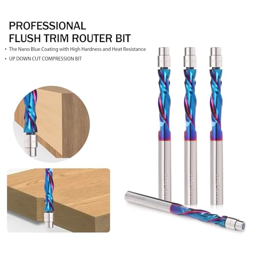 Up Down Cut Compression Spiral Flush Trim Router Bit, 1/4 Inch Shank CNC Spiral Router Bits with Bottom Bearing Carbide Trim Router Bits CNC Bits with Nano Coating for Woodwork Trimming(2PCS) 2