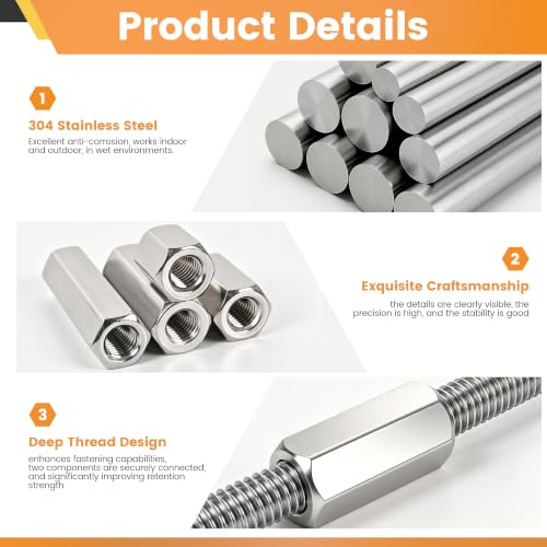 M10x1.5 Hex Coupling Nuts 60mm Full Thread 304 Stainless Steel 6 Pack M10 x 1.5