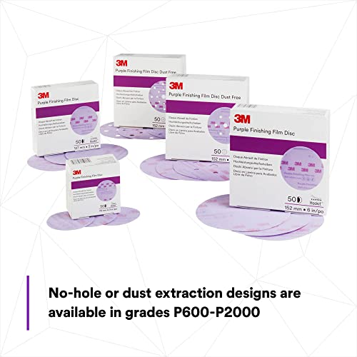 3M Hookit Purple Finishing Film Abrasive Disc 30666, 6 in, 2000+ Grade, 50 Pack, Clear Coat Sanding, Paint Finishing, Defect Removal, Long Lasting P2000